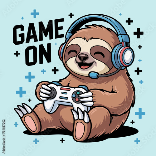 A relaxed sloth wearing headphones while playing video games, wearing a joyful expression, symbolizing leisure, fun, and enjoyment in a playful, cartoonish style perfect for all ages.