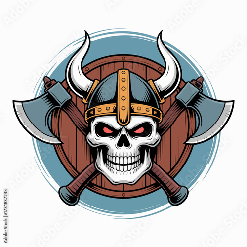 A fierce skull adorned with a Viking helmet and crossed axes captures the spirit of power, danger, and adventure, embodying the fearsome Viking warrior culture in stunning detail.