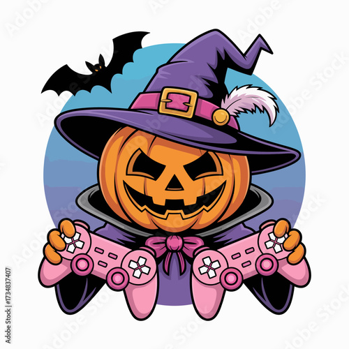 This fun illustration depicts a mischievous pumpkin character dressed as a witch holding video game controllers, capturing the spirit of Halloween and playful gaming culture.