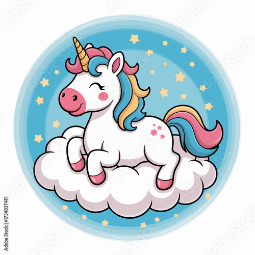A delightful cartoon unicorn joyfully leaping on a fluffy cloud surrounded by twinkling stars, representing dreams, magic, and the wonders of imagination.