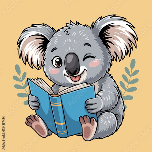 A cute koala happily reading a book, surrounded by foliage, promoting the love for reading and education with a warm, friendly demeanor perfect for children's content.