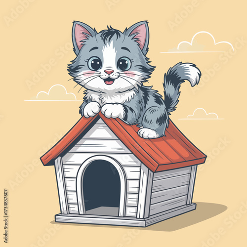 This charming image features a cute gray cat sitting happily atop a wooden doghouse, creating a whimsical and playful atmosphere that appeals to cat lovers.