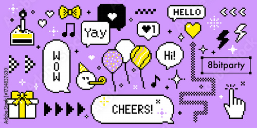 Pixel birthday speech bubbles with text Cheers,Yay, Wow. Partying emoticon face with party horn. Retro 8 bit gaming style celebration dialogue boxes, party icons with sparkles on purple background