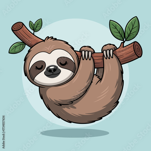 This charming image features a sloth lazily hanging from a branch, embodying tranquility and relaxation, surrounded by soft colors that enhance the peaceful vibe.
