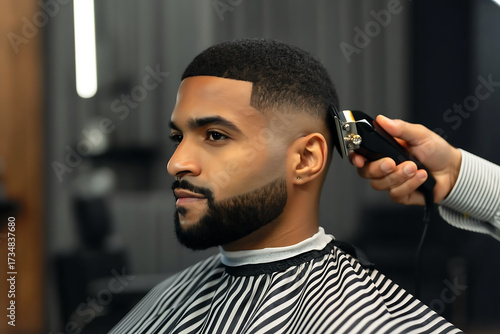 stylish man getting haircut at barbershop