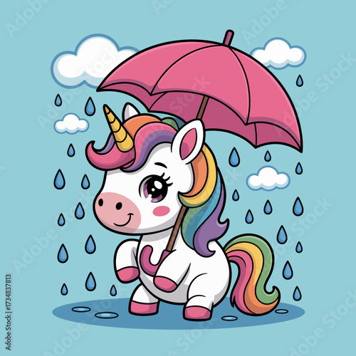 This adorable unicorn holds a pink umbrella in a whimsical rainy scene, embodying magic and joy, perfect for fantasy designs and children's illustrations.