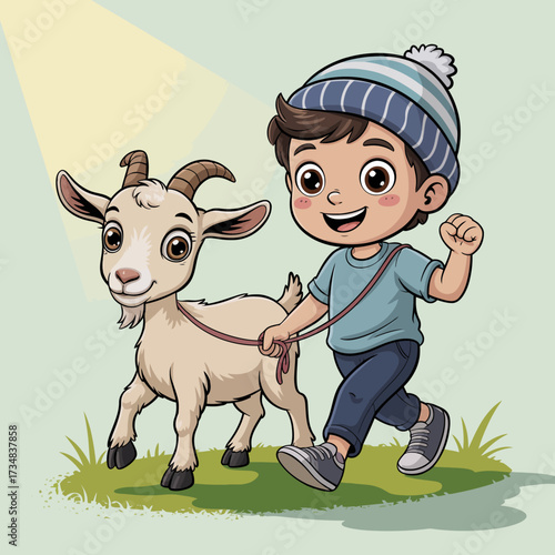A cheerful young boy walks happily with a goat in this charming illustration, capturing the bond between children and animals in a sunny outdoor environment.