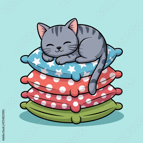 An adorable illustration of a gray cat peacefully sleeping atop a stack of colorful pillows, encapsulating comfort and tranquility in a cozy, playful setting.
