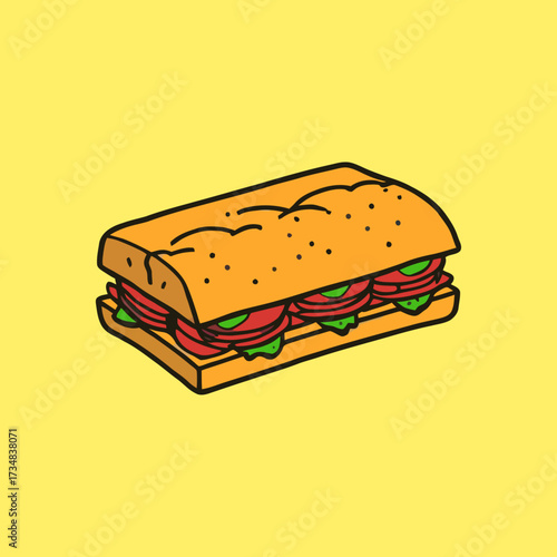 Delicious Sub Sandwich Illustration on Yellow Background.