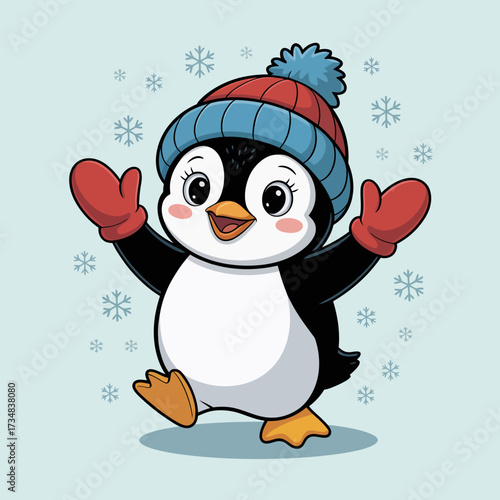 A cheerful penguin adorned in a cozy hat and mittens, joyfully celebrating winter with open arms amidst a backdrop of gentle snowfall, capturing the essence of festive happiness.