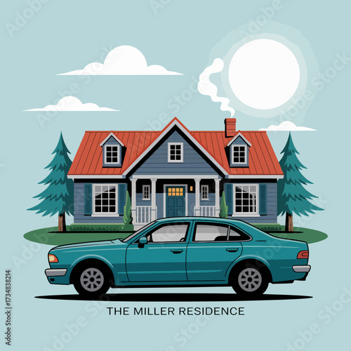 This delightful illustration showcases a cozy blue cottage with a charming turquoise car parked outside, surrounded by green trees and a bright sun overhead.