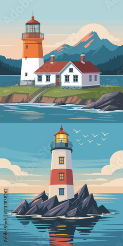 This picturesque image showcases a beautifully designed lighthouse next to a tranquil body of water, highlighting both nature's beauty and human architectural achievement in harmony.