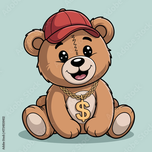 This adorable bear character features a playful expression, sporting a red cap and a shiny dollar-sign necklace, conveying a fun and cheeky vibe perfect for children's content.
