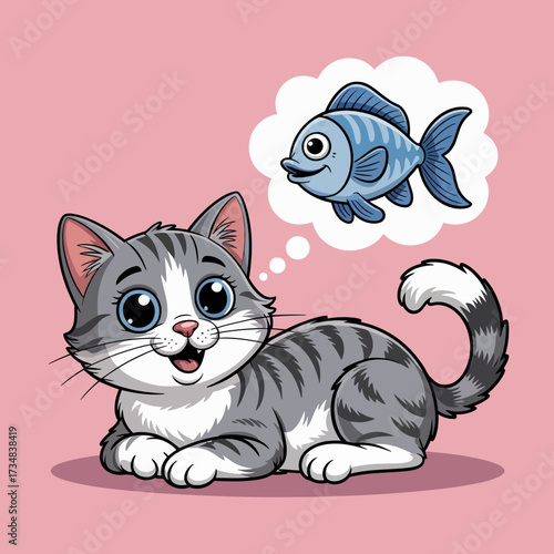 A playful gray kitten lies on a pink background, gazing dreamily at a thought bubble depicting a cute fish, embodying the playful and imaginative spirit of pets.