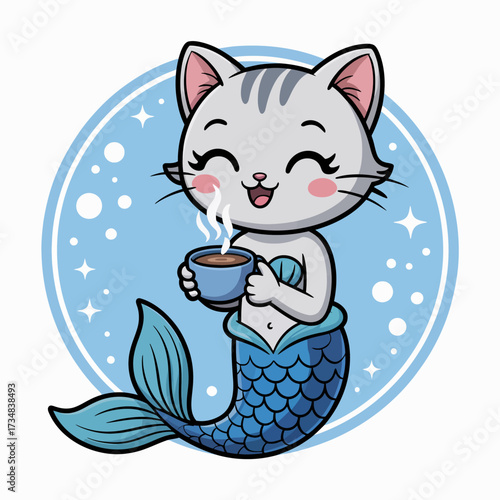 This delightful illustration features a cat mermaid joyfully sipping a warm beverage, blending the whimsical world of fantasy with the playful charm of adorable feline characters.