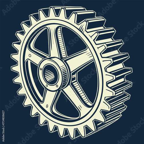 High-detail vector close-up of a steel gear with suspended coolant splashes, dramatic lighting, industrial precision