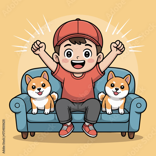 A joyful boy wearing a cap leaps in excitement on a comfy couch, accompanied by two adorable Shiba Inu dogs, celebrating friendship and playful moments in a cozy living space.