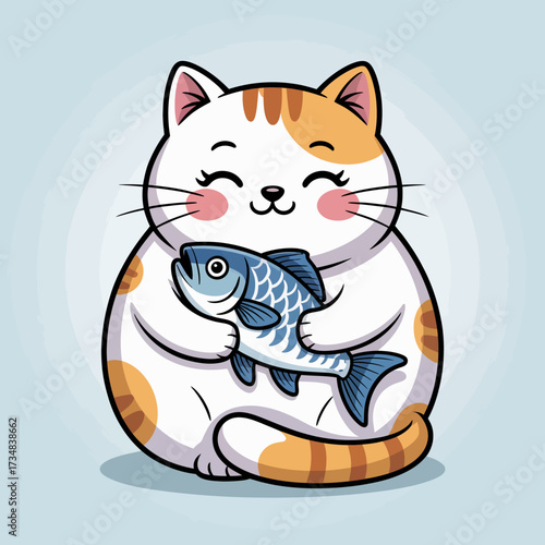 This delightfully plump cartoon cat gently hugs a fish with a blissful smile, illustrating a scene of happiness and contentment through its charming expression and cuddly design.