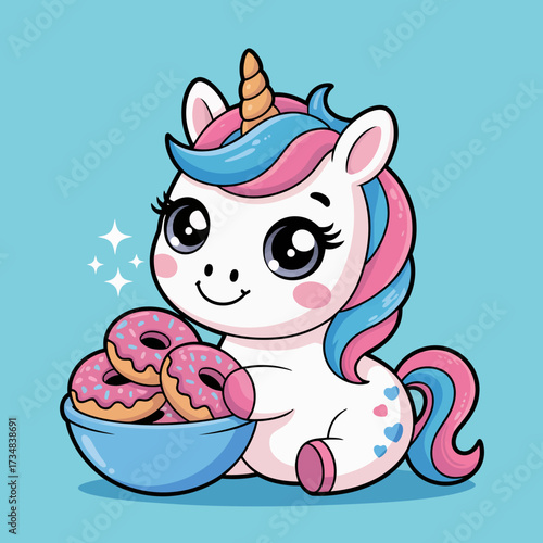 This adorable unicorn character with a colorful mane enjoys a bowl full of donuts, radiating joy and sweetness against a bright blue background, symbolizing happiness and indulgence.