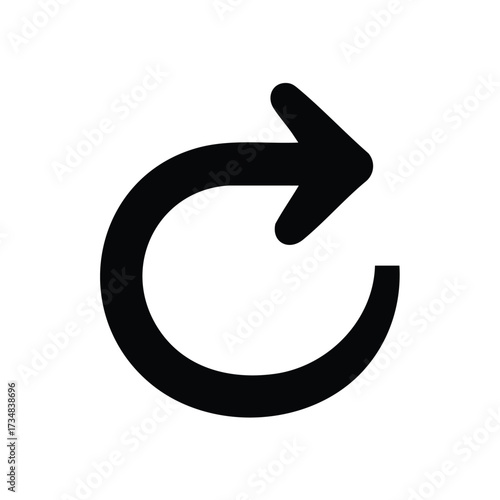 Close-up of a black circular arrow symbol with a rightward pointing arrowhead on a , representing refresh or restart concept