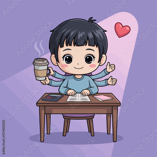 This charming image depicts a child studying at a desk with multiple arms holding a coffee cup, symbolizing multitasking and the pressures of modern life, appealing to students.