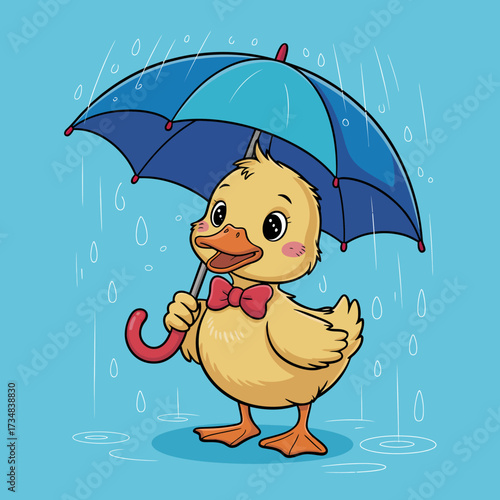 This charming duck, holding a bright blue umbrella and enjoying the rain, creates an image of innocence and joy, perfect for appealing decor in both children's and playful spaces.