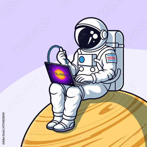 An astronaut sits on a vibrant planet, intently working on a laptop branded with 'SOLARIS,' depicting a blend of technology and exploration in a whimsical outer space setting.