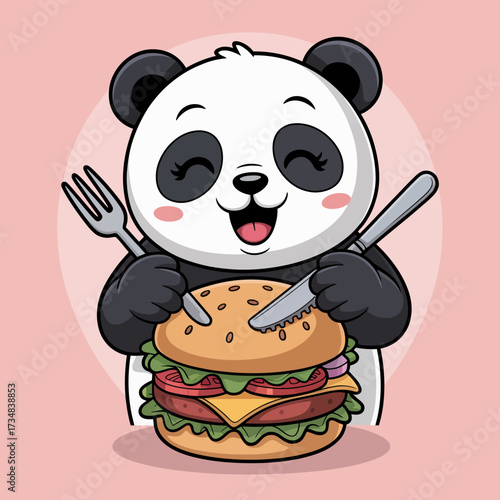 A cheerful panda holds a giant hamburger, radiating happiness and delight, depicting love for food in a playful, cartoonish style that captures the essence of fun eating.