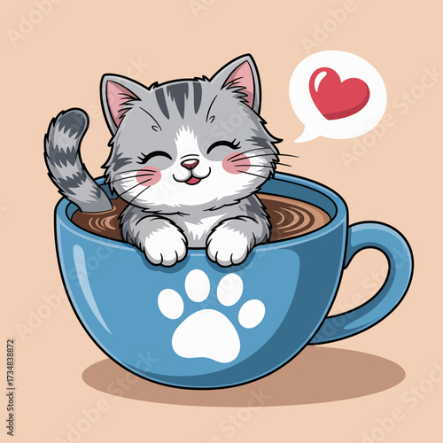 A cute gray kitten blissfully lounges in a large coffee cup, surrounded by heart symbols, depicting a cozy and heartwarming moment full of love and warmth in a whimsical style.
