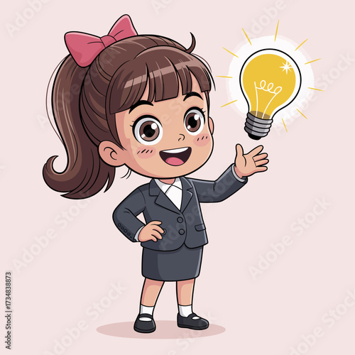 The image depicts a cheerful young girl in a business suit showcasing a light bulb above her hand, symbolizing creativity, innovation, and youthful enthusiasm.