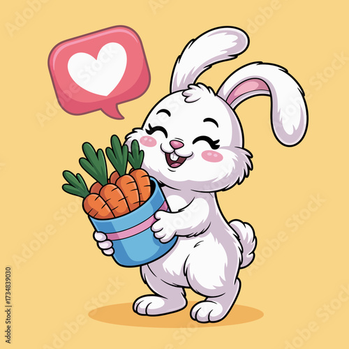 A joyful rabbit with big ears holds a pot of fresh carrots and smiles widely, beautifully illustrating the charm of nature and the happiness of nurturing delightful veggies.