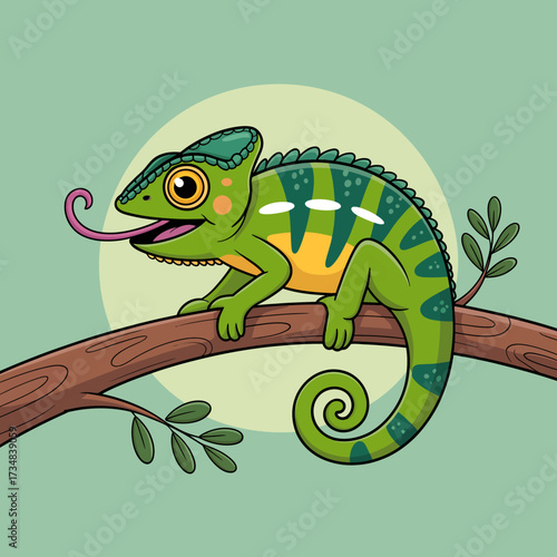 This vibrant illustration showcases a chameleon perched on a branch, emphasizing its colorful appearance and unique characteristics in a lively natural setting.