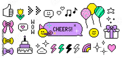 Y2k pixel birthday retro icon set. 8 bit festive elements of speech bubble with text Cheers, partying smiling face, gift box icon, air balloons for game interface, streaming overlay, social media