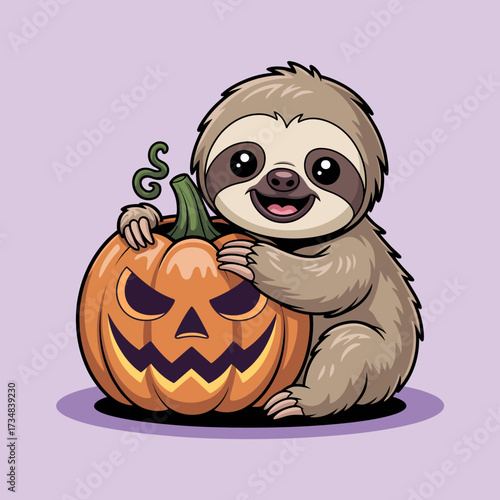 This charming sloth cuddles a decorated pumpkin, reflecting fun and relaxation, showcasing a delightful interplay of Halloween themes with a lovable animal character in a playful design.