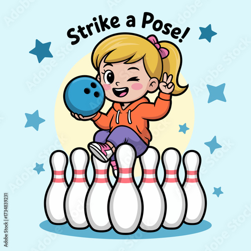 A joyful child poses with a blue bowling ball on top of white bowling pins, capturing the fun essence of recreational bowling and playful competitiveness among friends.