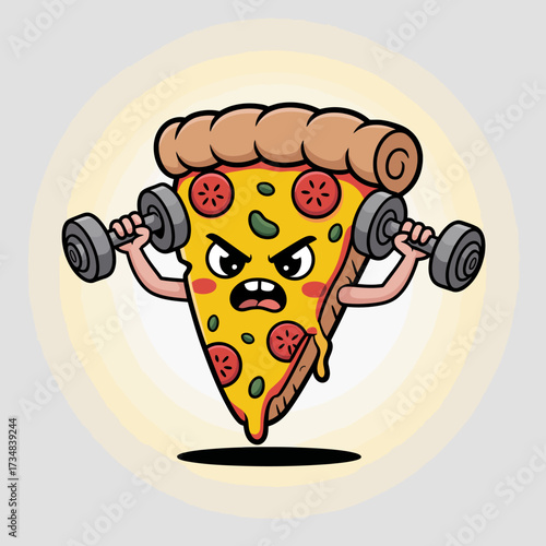 A comically fierce pizza slice with angry eyes, lifting dumbbells to showcase its workout spirit, blending humor and food into a quirky representation of determination and strength.