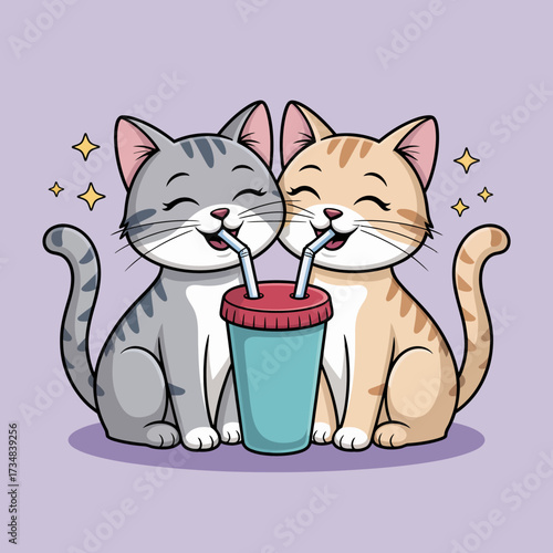 A delightful scene featuring two happy cats sharing a drink, showcasing their friendship and joy. This cute, heartwarming image radiates warmth and companionship.