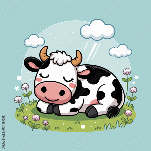 A cute illustration of a sleeping cow resting peacefully in a lush green meadow adorned with flowers, capturing the essence of tranquility and nature's beauty in a delightful, charming way.