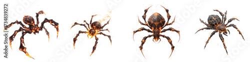 Eerie fiery spider collection for Halloween designs, summoning a chilling atmosphere with intense detail and vibrant colors, perfect for horror themes and spooky season