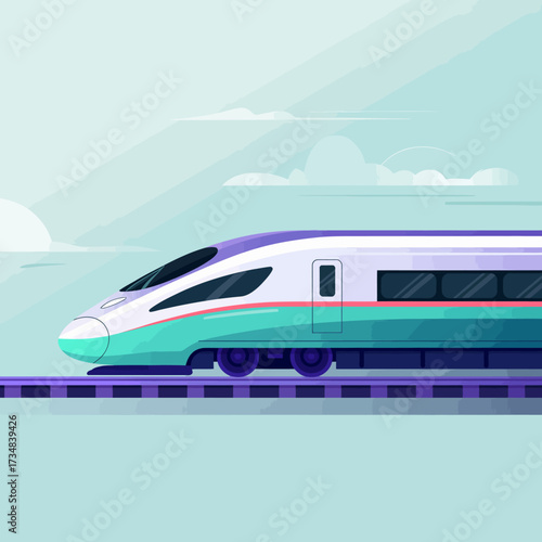 This minimalist illustration captures a sleek modern train gliding through a serene landscape, emphasizing speed and the beauty of contemporary transport design.
