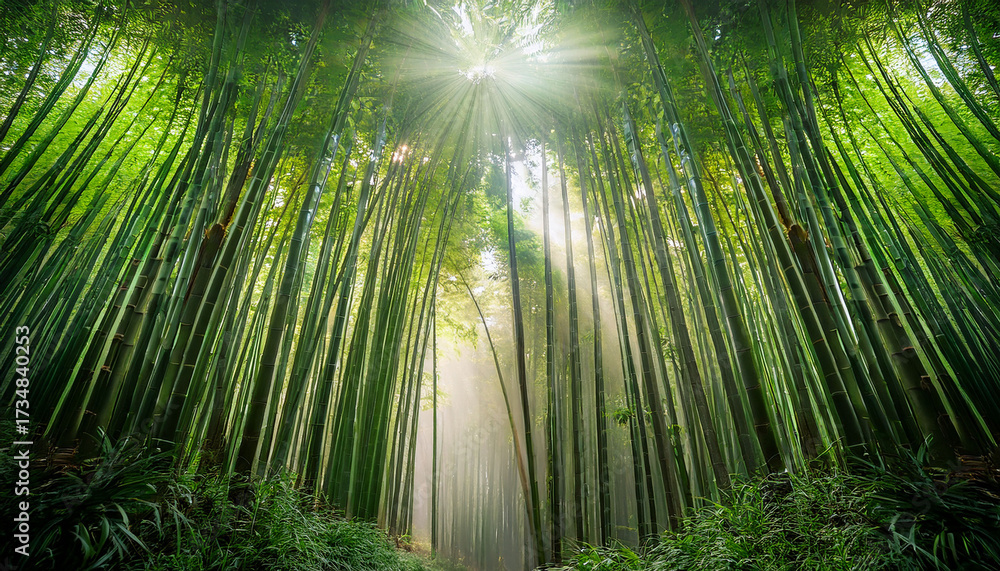 Fototapeta premium Sunbeams Filtering Through A Dense Bamboo Forest With Misty Atmosphere Nature Green