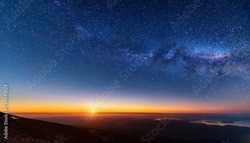 A Photograph Of The Sky Is Filled With Stars And The Sun Is Setting On The Horizon In The Distance
