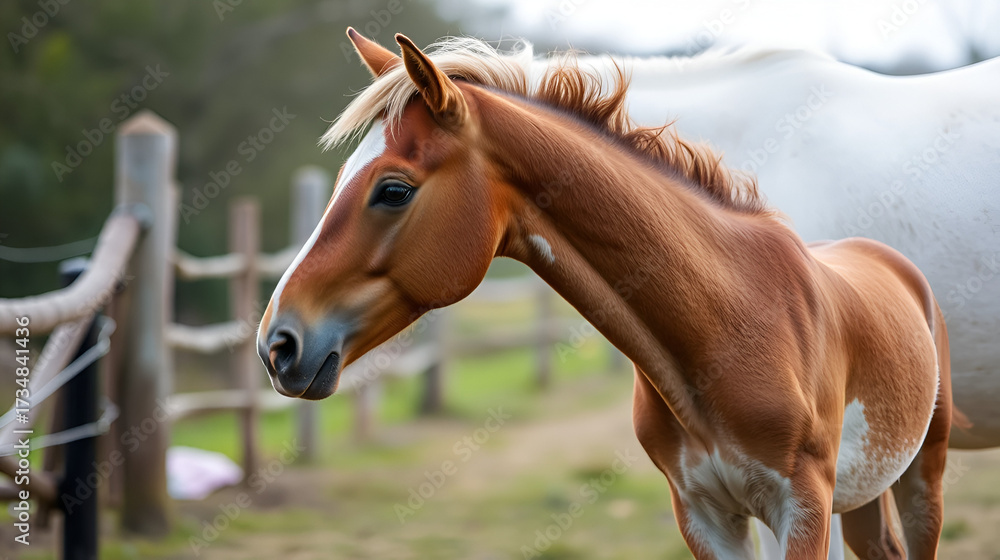 Obraz premium White horse, breeding brown foal