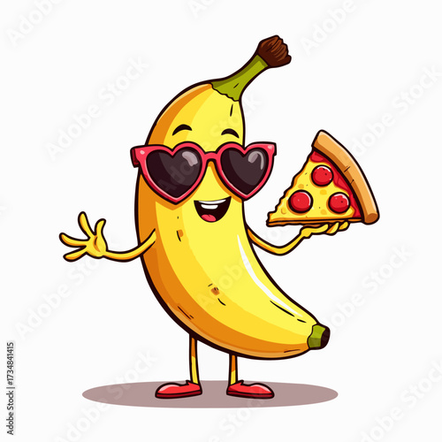 Vector drawing for teenager t-shirt. 
Cute banana boy with 
sunglasses, piece of pizza isolated 
on white background. Cartoon 
design for fabric, 
paper, clothing, food and products packaging.