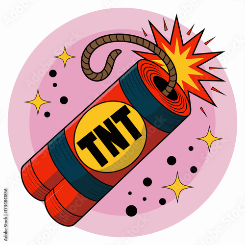 A striking image of a cartoon-style TNT dynamite bundle, complete with a lit fuse and vibrant colors, symbolizing power and excitement in various contexts and narratives.