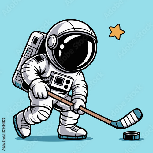 An astronaut skillfully practicing hockey in a cosmic setting, combining sportsmanship with the excitement of space travel, emphasizing creativity and fun.