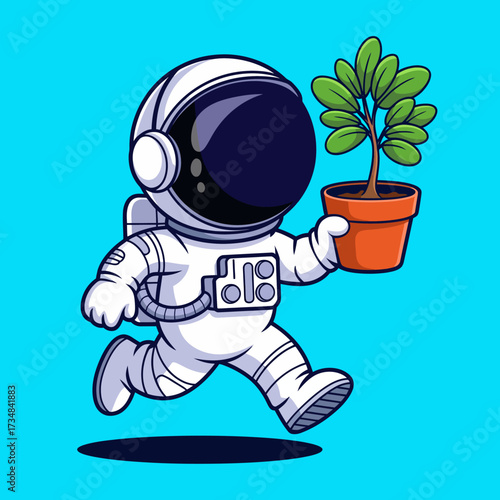 This cheerful astronaut runs joyfully while holding a potted plant, symbolizing the connection between exploration and nurturing life on Earth in a playful artistic manner.