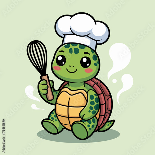 This joyful turtle chef is donning a chef hat while holding a whisk, showcasing a fun and creative spirit in the kitchen, perfect for inspiring culinary adventures.