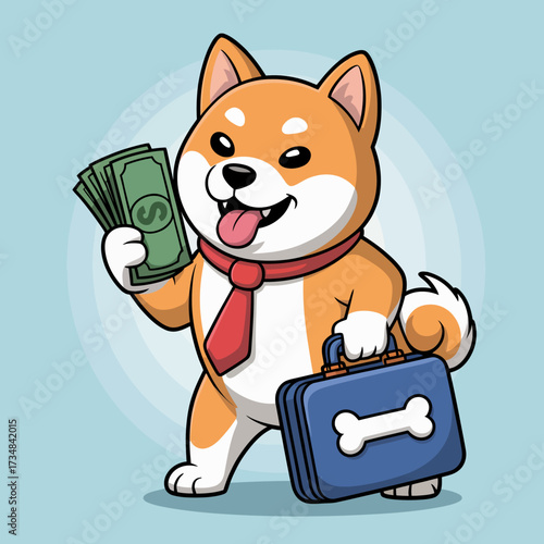 This amusing Shiba Inu character wearing a tie and holding money conveys a blend of professionalism and playfulness, perfect for quirky business-themed concepts and designs.