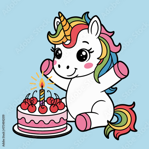 An adorable cartoon unicorn celebrating a birthday with a colorful cake topped with cherries and a lit candle, conveying joy and innocence in a playful atmosphere.